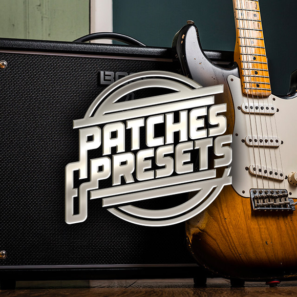 A close up of a stratocaster and a Boss Katana Amplifier with text saying Patches & Presets
