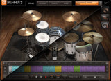 a screenshot of the EZ drummer software, demonstrating two different drum kits with a diagonal dividing line between them. 