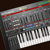 A close up of a Roland Juno-106 Synthesiser.