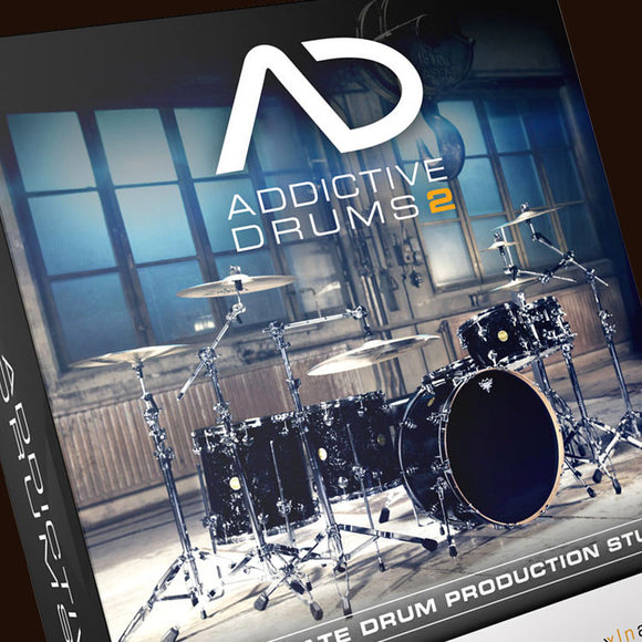 A close up of the Addictive Drums 2 packaging. 